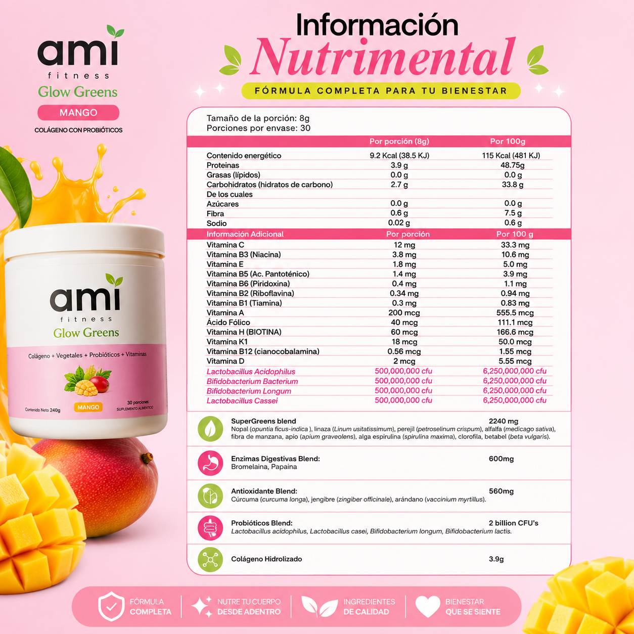 Ami Glow Greens Mango | Colágeno Con Probióticos